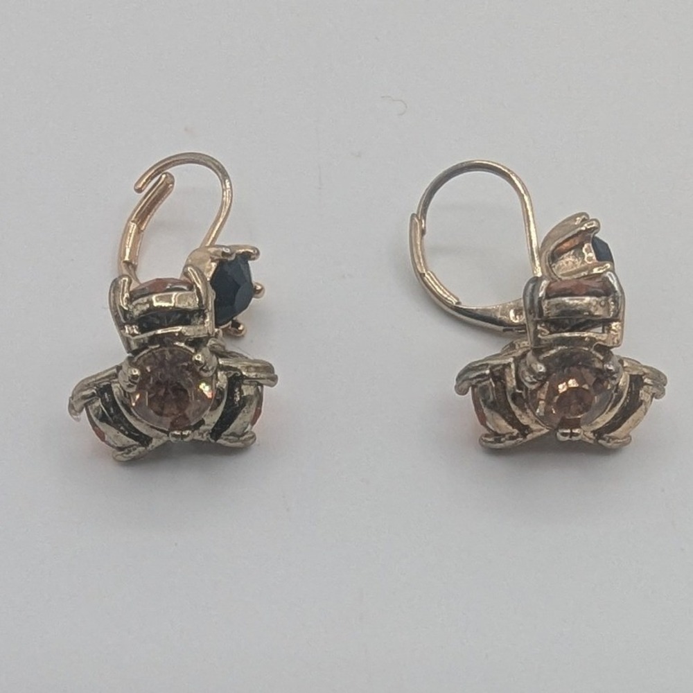 Gold Tone Bee Drop Earrings Amber Navy Blue Crystal Insect Leverback‎ Dangle